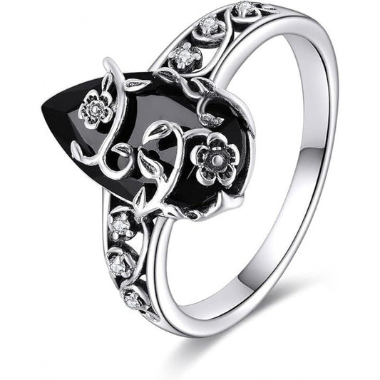 🖤 Silberfarbener Boho-Ring mit schwarzem Tropfenstein und Rankenmuster