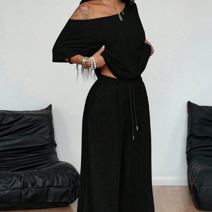 👗 50% RABATT! 🔥 2-delat set med axelbar topp & vida byxor för dam – Flödande & svalt – Perfekt för sommar, bröllop eller fest – bekväm och elegant ✨🌸
