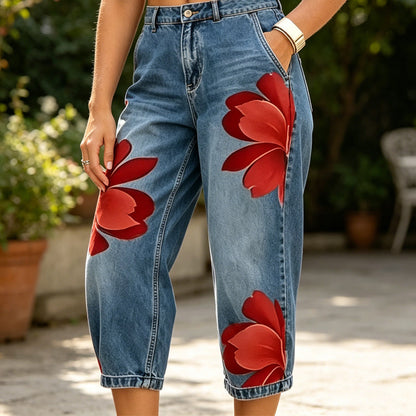 ✨ Damjeans med vida ben och blommönster – Unika applikationer, mjuka, 6 färger 🌸