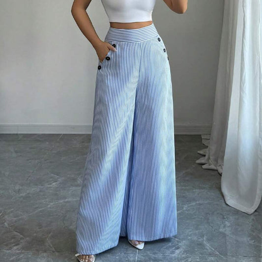 👖 BEGRÄNSAD TID 50% RABATT! ✨ Högmidjade Vida Byxor – Ränder, Dekorativa Knappar, S-XL 🍁