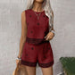 🌺 50% RABATT NU! 🏝️ Bohemian Topp & Shorts Set – Andningsbar Linneblend, Geometriskt Tryck & Högmidjade Shorts – Semesterredo ☀️