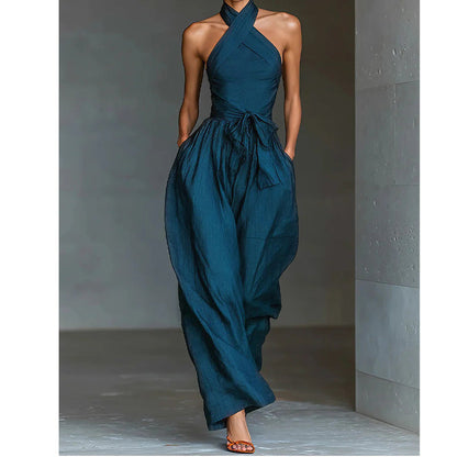 ✨💃Elegant halterneck-overall utan ärmar med knytband i midjan🌸