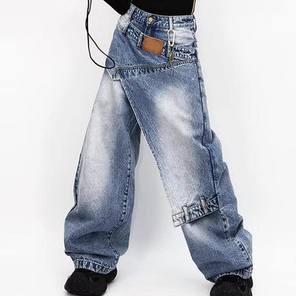 ⏰50% RABATT🔥 Damjeans med asymmetrisk midja och vida ben 🌸Trendiga löst skurna sommarbyxor för vardag & utflykt 👖