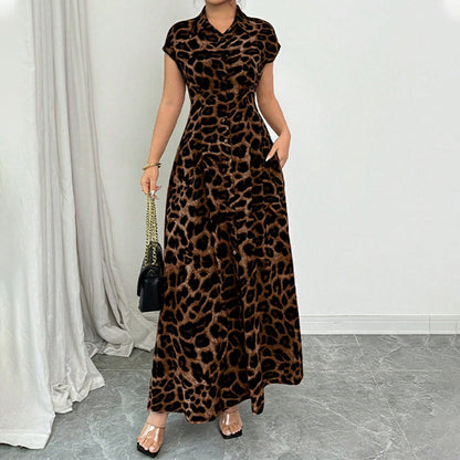 👗 50% RABATT NU! 🐆 Damernas Eleganta Leopardmönstrad Klänning med Slag – Chic, Smickrande & Djärv Stil 🥂
