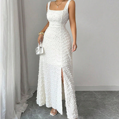 👗 TIDSBEGRÄNSAT 50% RABATT! 💥 Damklänning Ärmlös Fyrkantig Halsringning Maxi med Slits – 3D-textur, Lårslits, Rosett på Ryggen ✨