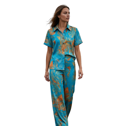 👚🌴 50% RABATT! 2-teiliges Freizeit-Set für Damen – Bedrucktes Hemd mit Kragen & gerade geschnittene Hose mit Taschen, luftig & vielseitig kombinierbar ✨