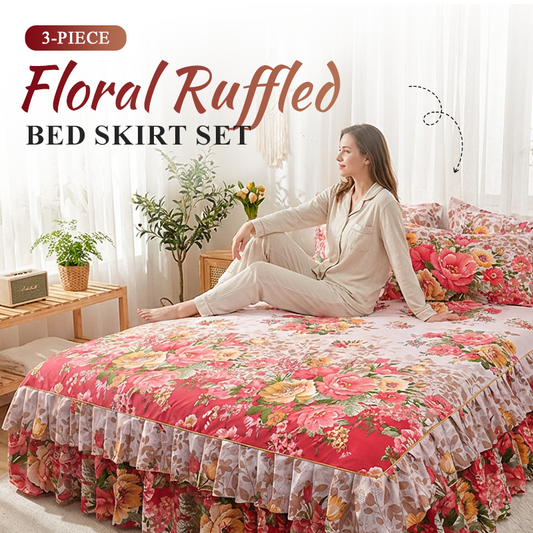 🌸 Florales 3-teiliges Bettrock-Set mit Rüschen