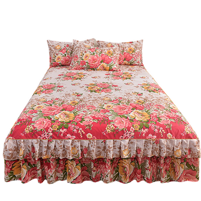 🌸 Florales 3-teiliges Bettrock-Set mit Rüschen