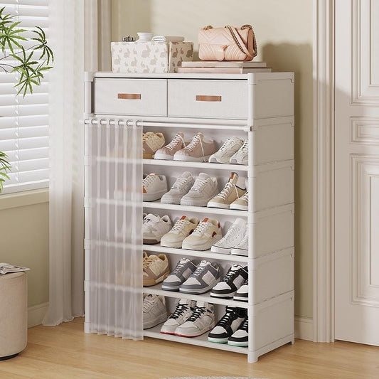 👟 Mehrschichtiges Schuhregal mit Vorhang und 2 Schubladen
