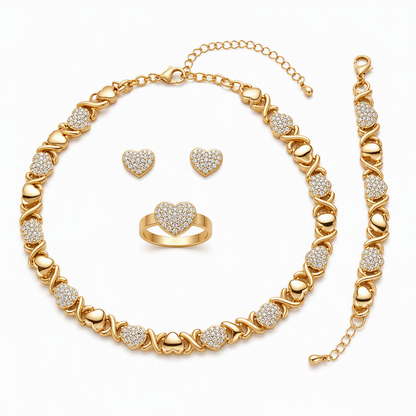 💎Goldfarbenes 4-teiliges Herz-Schmuckset mit Kette und Ohrringen