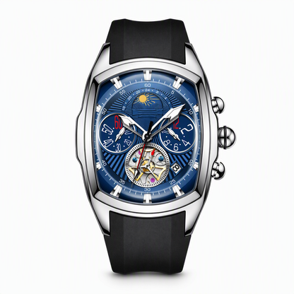 Herren-Tonneau-Uhr mit Quarz-Chronograph, Skelett-Zifferblatt und Mondphase