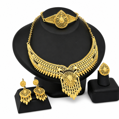⏳Zeitlich begrenztes Angebot⏰ 24-karätig vergoldetes Brautschmuck-Set im Dubai- und indischen Stil mit Halskette, Armband, Ring und Ohrringen für Damen💛💍📿