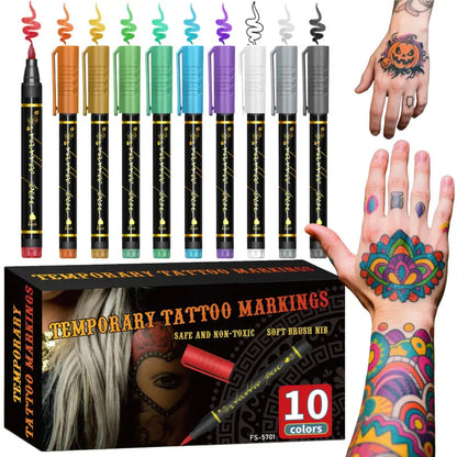 ⏳Zeitlich begrenztes Angebot⏳ Temporäre Tattoo-Stifte im 10-Farben-Set mit Perlglanz-Finish