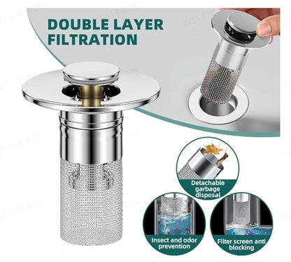 ⏳Zeitlich begrenztes Angebot⏳ Waschbecken-Abflussstopfen mit Druckverschluss und Filterkorb – Edelstahl, silberfarben